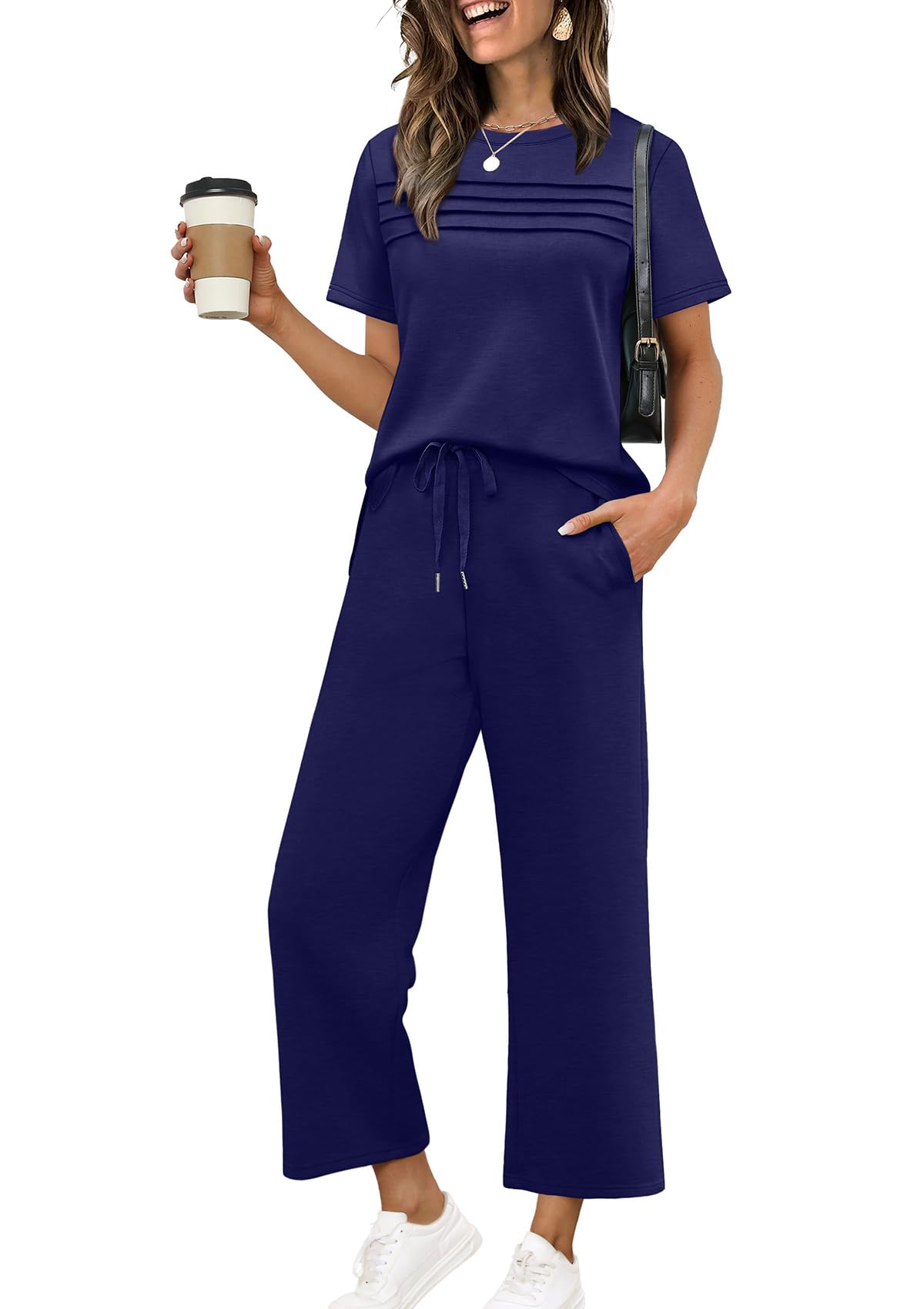 Two Piece Sets for Women Summer Spring Travel Vacation Outfits Short Sleeve Lounge Sets Side Slit Wide Leg Pants S-3XL