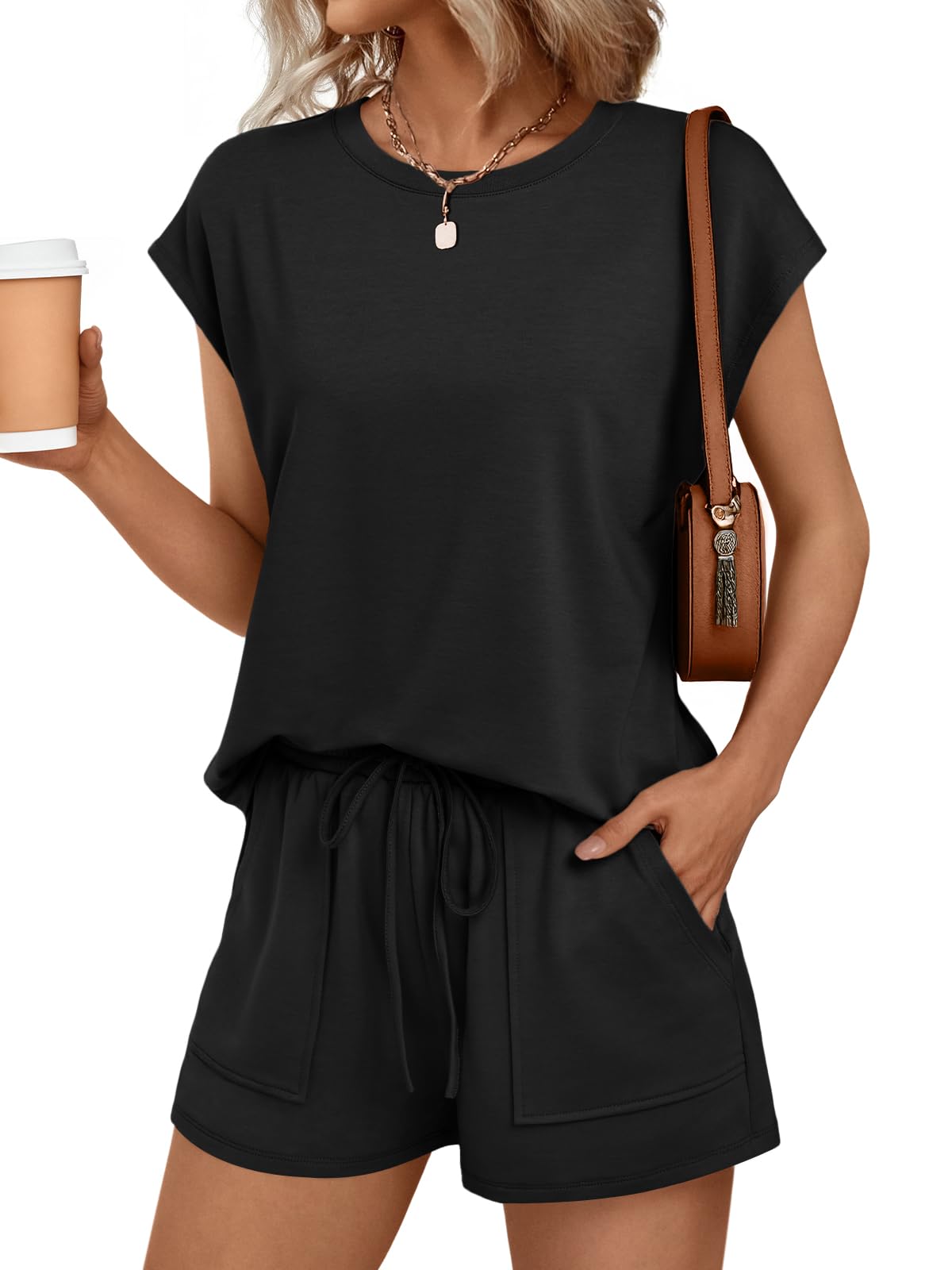 Womens Crew Neck Two Piece Short Sets Cap Sleeve Drawstring Summer Sweatsuit with Pocket