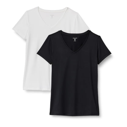 Amazon Essentials Women's Active Quick Dry Tech Stretch Short-Sleeve V-Neck T-Shirt (Available in Plus Size), Pack of 2