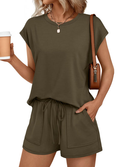 Womens Crew Neck Two Piece Short Sets Cap Sleeve Drawstring Summer Sweatsuit with Pocket