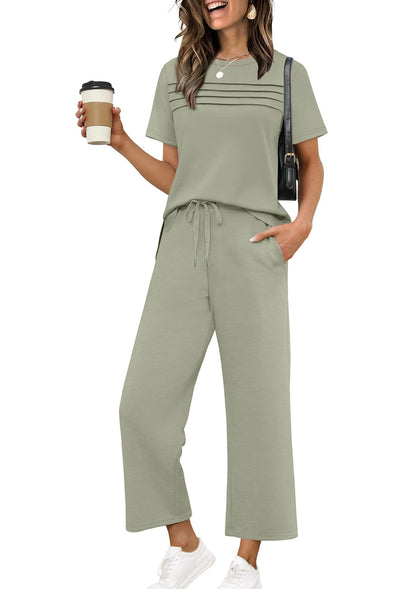 Two Piece Sets for Women Summer Spring Travel Vacation Outfits Short Sleeve Lounge Sets Side Slit Wide Leg Pants S-3XL