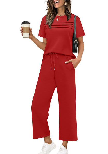 Two Piece Sets for Women Summer Spring Travel Vacation Outfits Short Sleeve Lounge Sets Side Slit Wide Leg Pants S-3XL