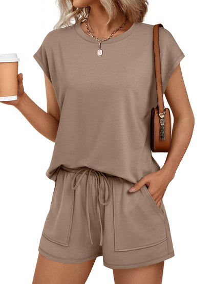 Womens Crew Neck Two Piece Short Sets Cap Sleeve Drawstring Summer Sweatsuit with Pocket