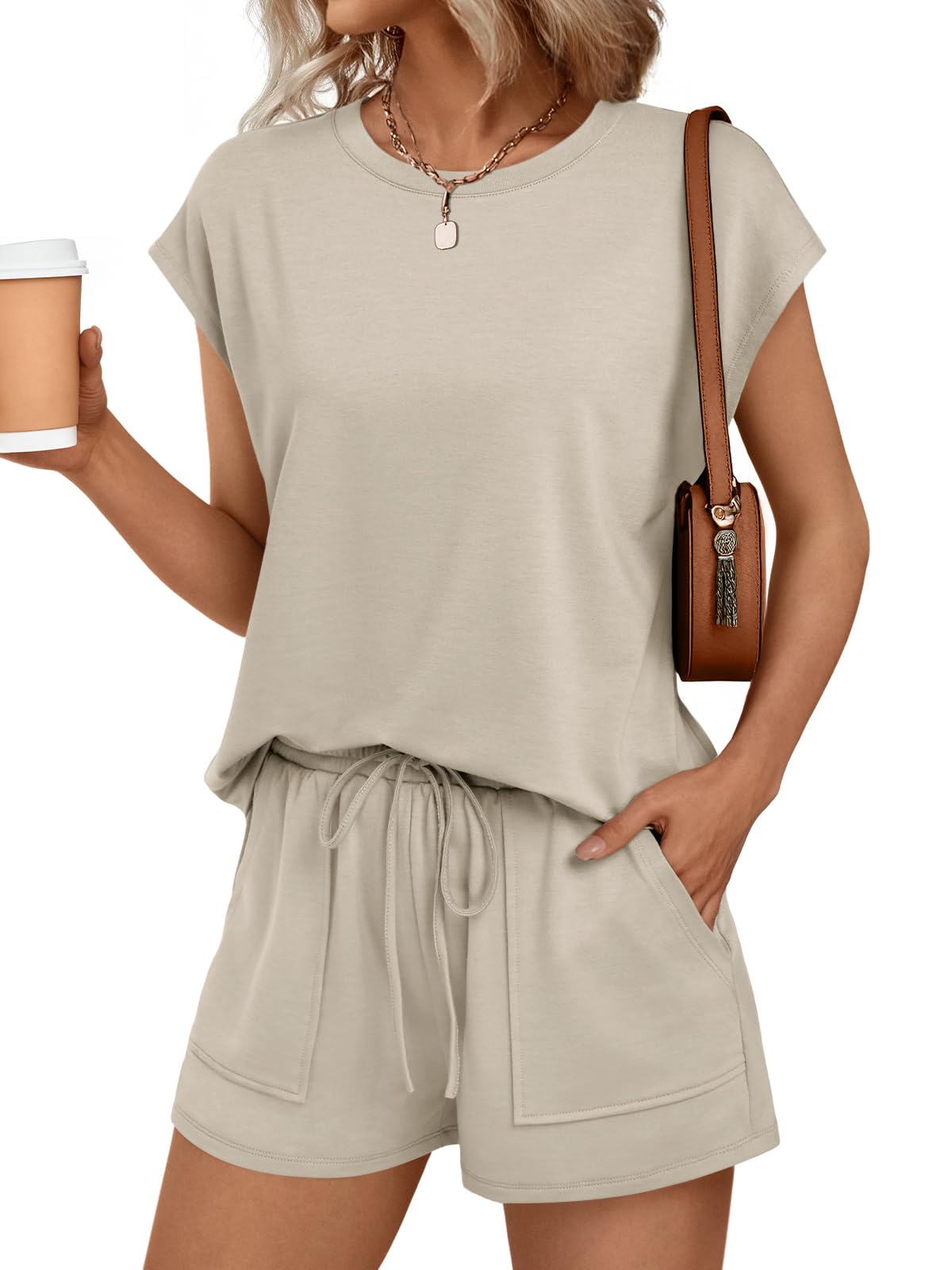 Womens Crew Neck Two Piece Short Sets Cap Sleeve Drawstring Summer Sweatsuit with Pocket