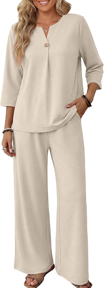 Two Piece Sets for Women 3/4 Length Sleeve Lounge Sets Summer Spring Vacation Travel Outfits Fashion Clothing