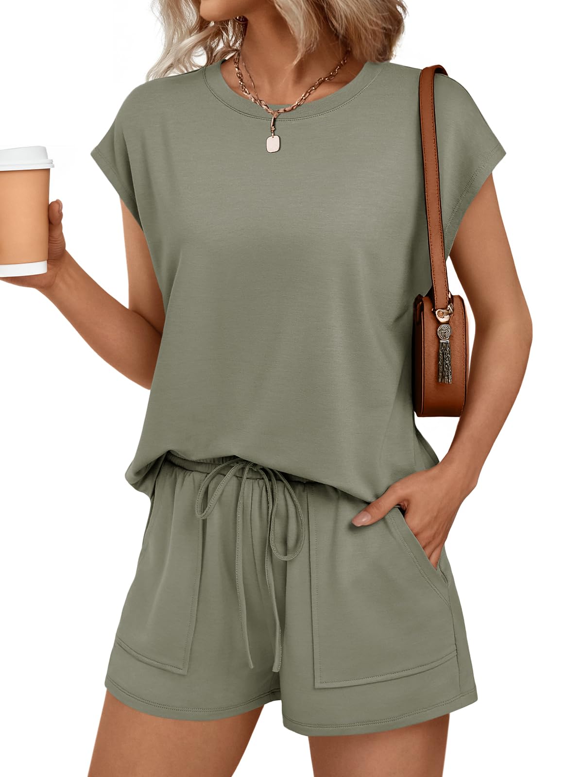 Womens Crew Neck Two Piece Short Sets Cap Sleeve Drawstring Summer Sweatsuit with Pocket
