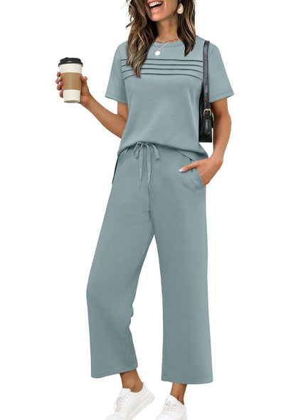Two Piece Sets for Women Summer Spring Travel Vacation Outfits Short Sleeve Lounge Sets Side Slit Wide Leg Pants S-3XL