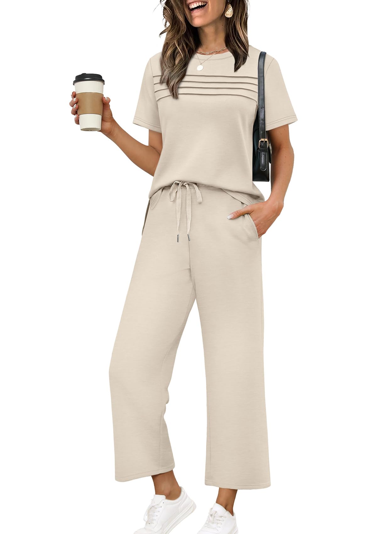 Two Piece Sets for Women Summer Spring Travel Vacation Outfits Short Sleeve Lounge Sets Side Slit Wide Leg Pants S-3XL