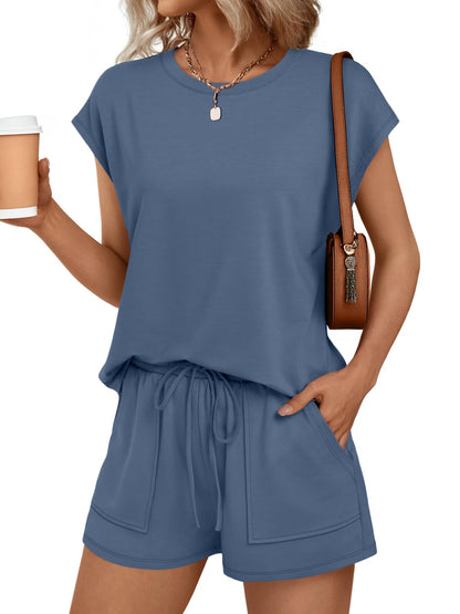 Womens Crew Neck Two Piece Short Sets Cap Sleeve Drawstring Summer Sweatsuit with Pocket