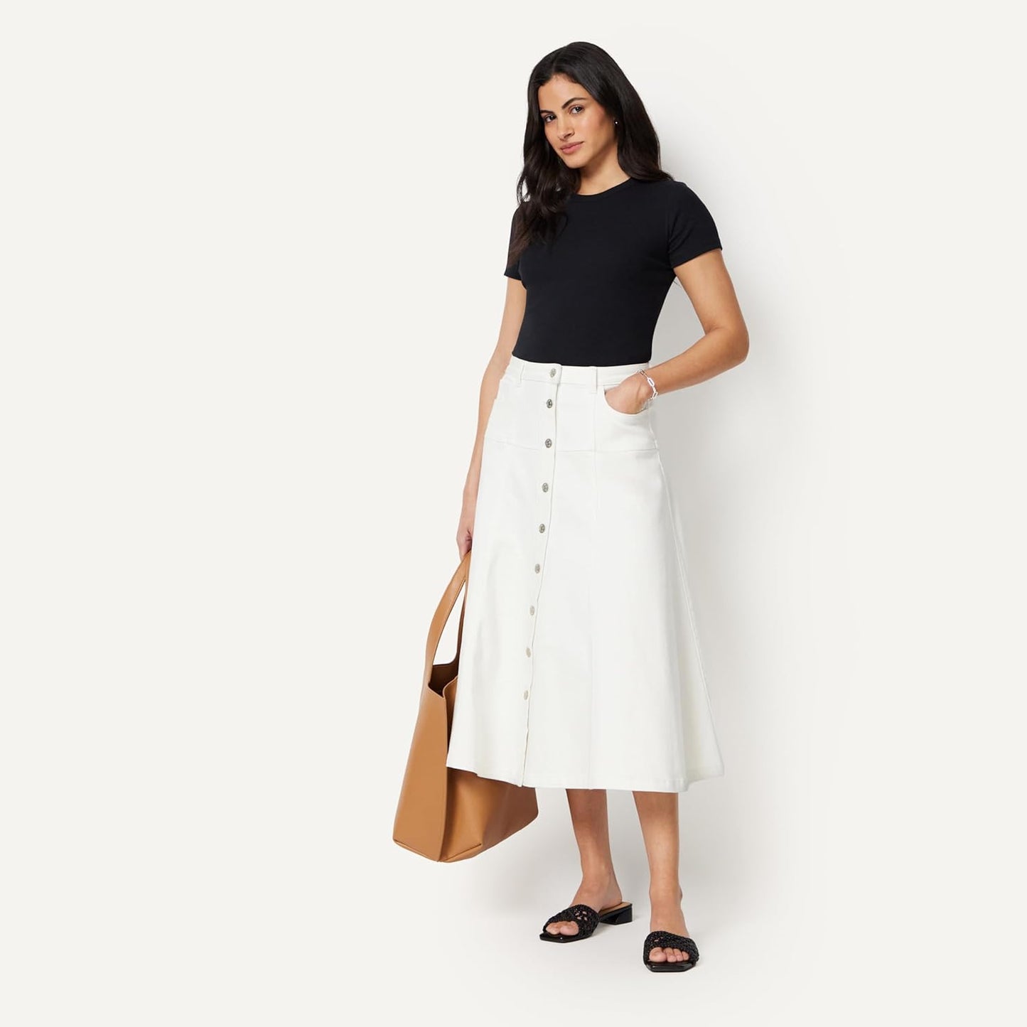 Amazon Essentials Women's A-Line High-Rise Denim Button-Down Midi Skirt