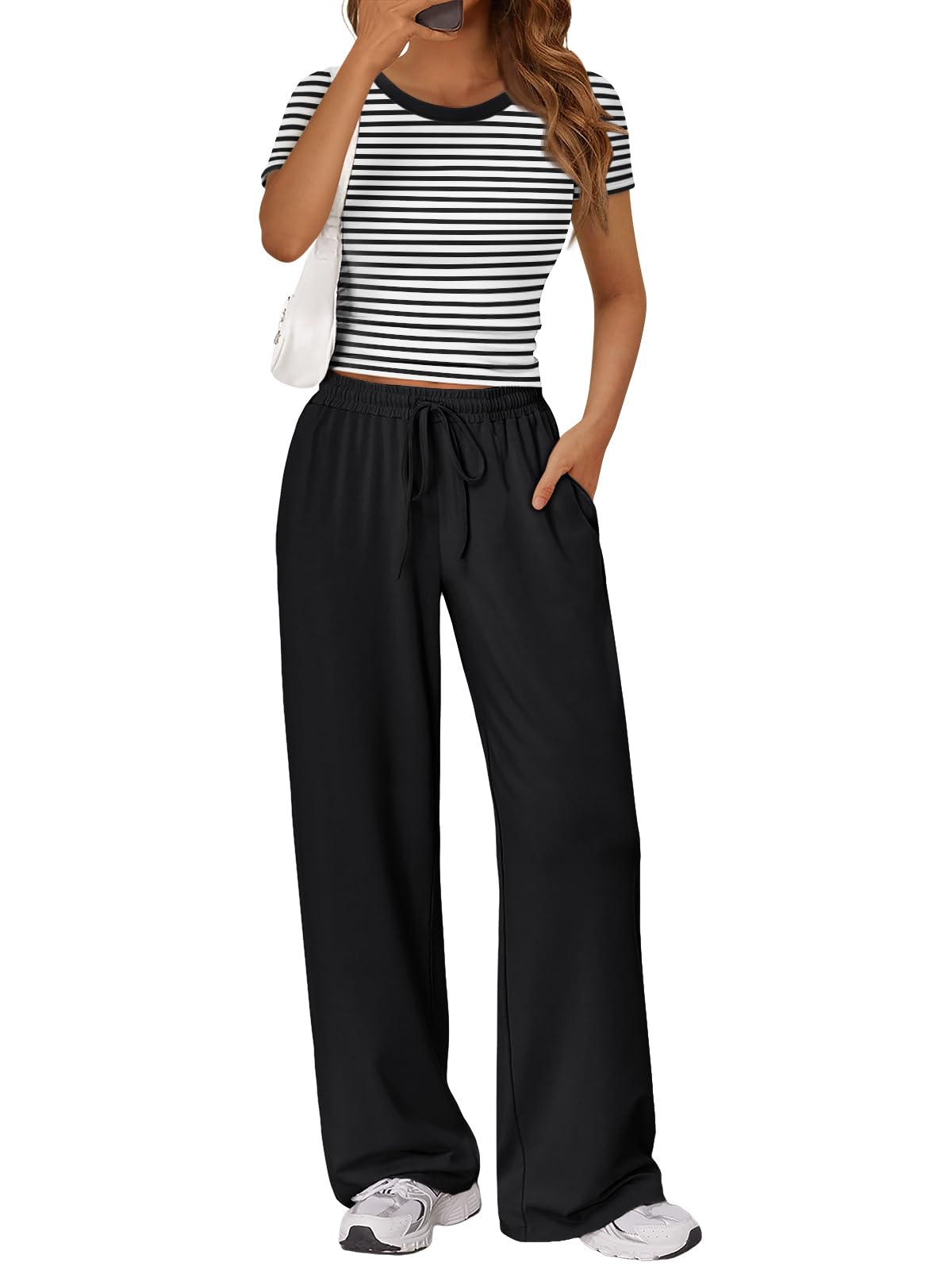 2 Piece Matching Summer Lounge Set Womens Side Ruching Top Wide Leg Pants Sets with Pockets