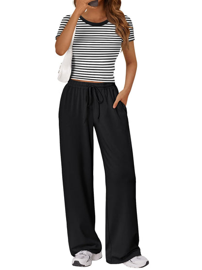 2 Piece Matching Summer Lounge Set Womens Side Ruching Top Wide Leg Pants Sets with Pockets