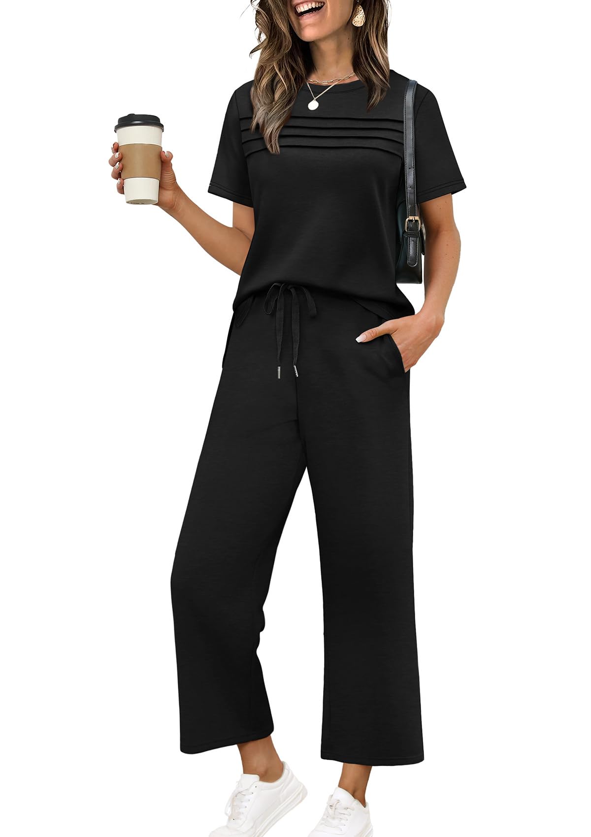 Two Piece Sets for Women Summer Spring Travel Vacation Outfits Short Sleeve Lounge Sets Side Slit Wide Leg Pants S-3XL