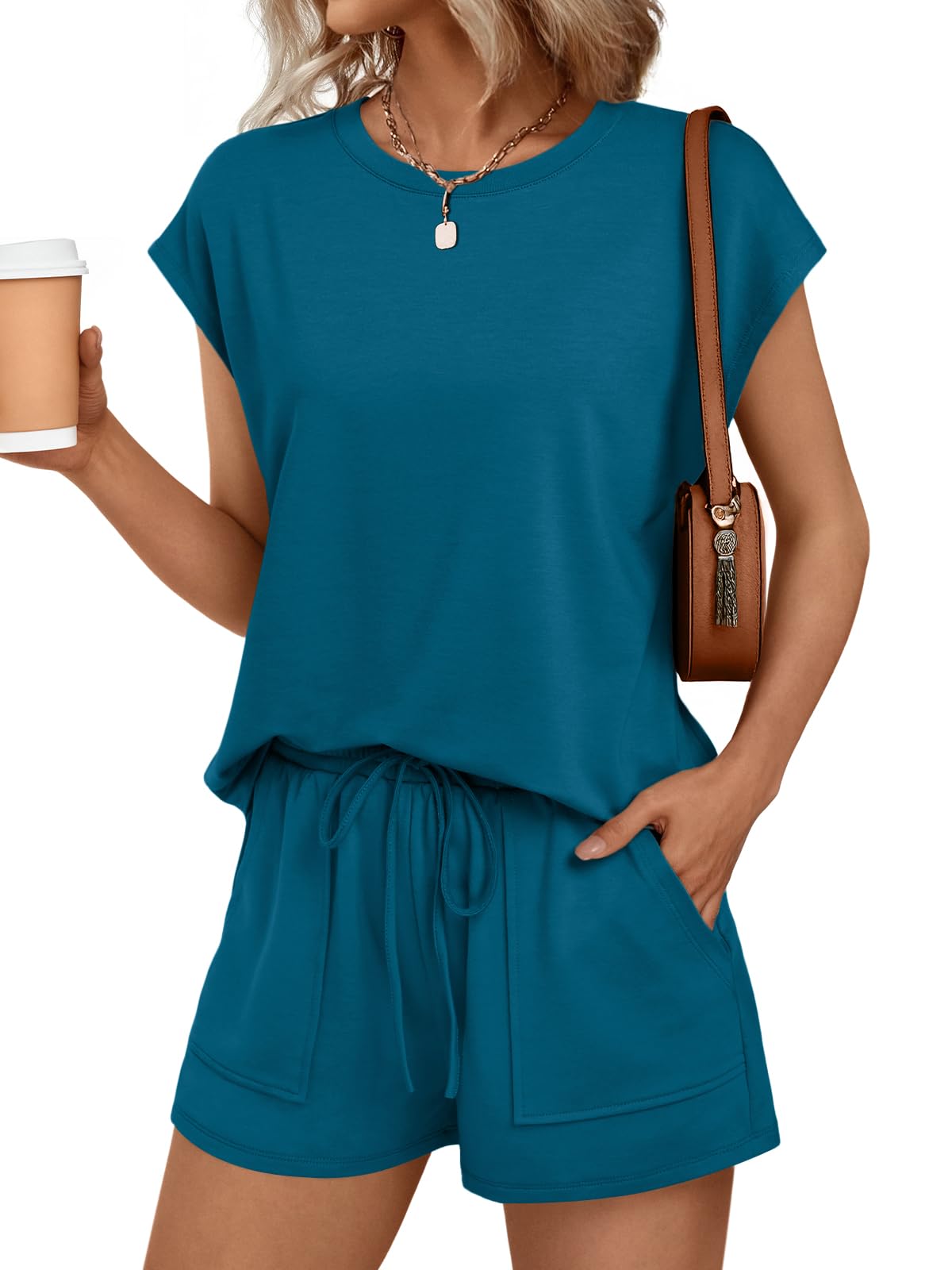 Womens Crew Neck Two Piece Short Sets Cap Sleeve Drawstring Summer Sweatsuit with Pocket