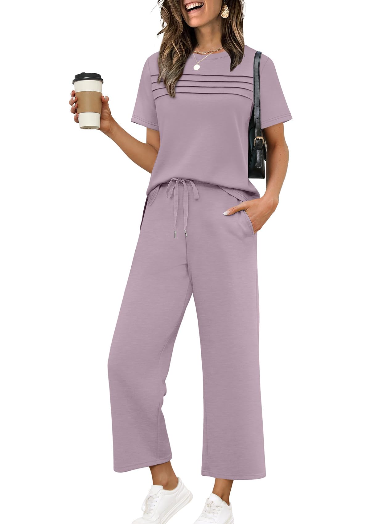Two Piece Sets for Women Summer Spring Travel Vacation Outfits Short Sleeve Lounge Sets Side Slit Wide Leg Pants S-3XL