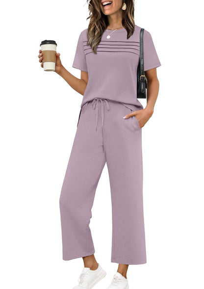 Two Piece Sets for Women Summer Spring Travel Vacation Outfits Short Sleeve Lounge Sets Side Slit Wide Leg Pants S-3XL