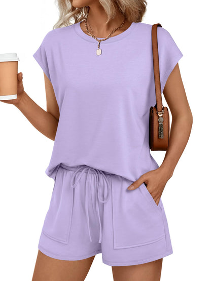 Womens Crew Neck Two Piece Short Sets Cap Sleeve Drawstring Summer Sweatsuit with Pocket