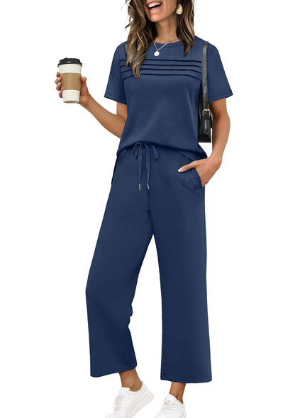 Two Piece Sets for Women Summer Spring Travel Vacation Outfits Short Sleeve Lounge Sets Side Slit Wide Leg Pants S-3XL
