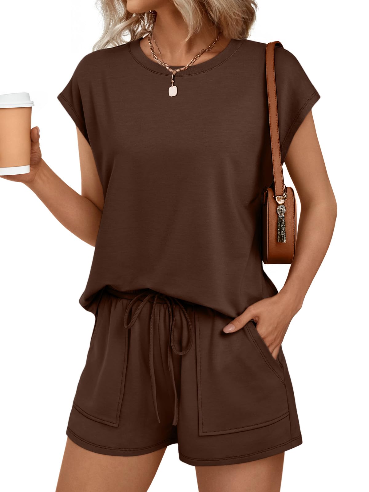 Womens Crew Neck Two Piece Short Sets Cap Sleeve Drawstring Summer Sweatsuit with Pocket