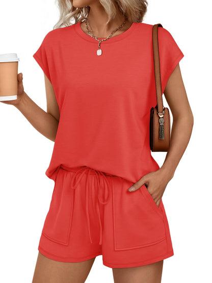 Womens Crew Neck Two Piece Short Sets Cap Sleeve Drawstring Summer Sweatsuit with Pocket