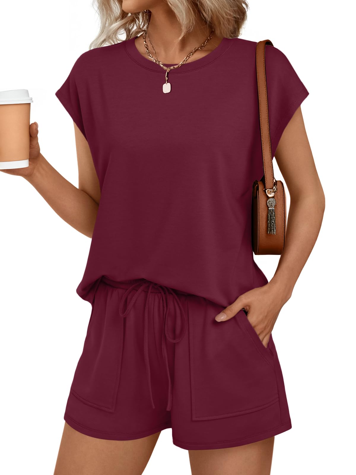 Womens Crew Neck Two Piece Short Sets Cap Sleeve Drawstring Summer Sweatsuit with Pocket