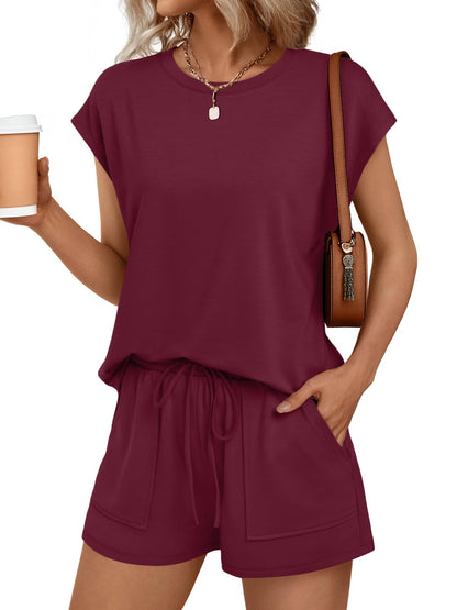Womens Crew Neck Two Piece Short Sets Cap Sleeve Drawstring Summer Sweatsuit with Pocket