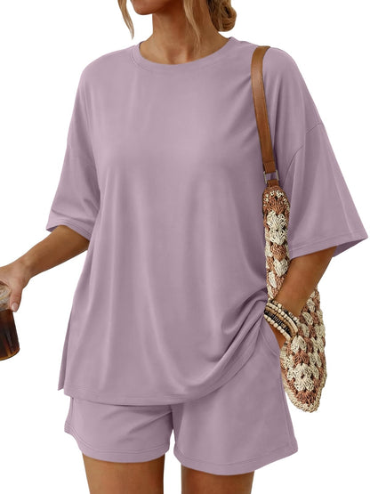 2 Piece Summer Set Oversized Top & Loose Fit Shorts with Pockets