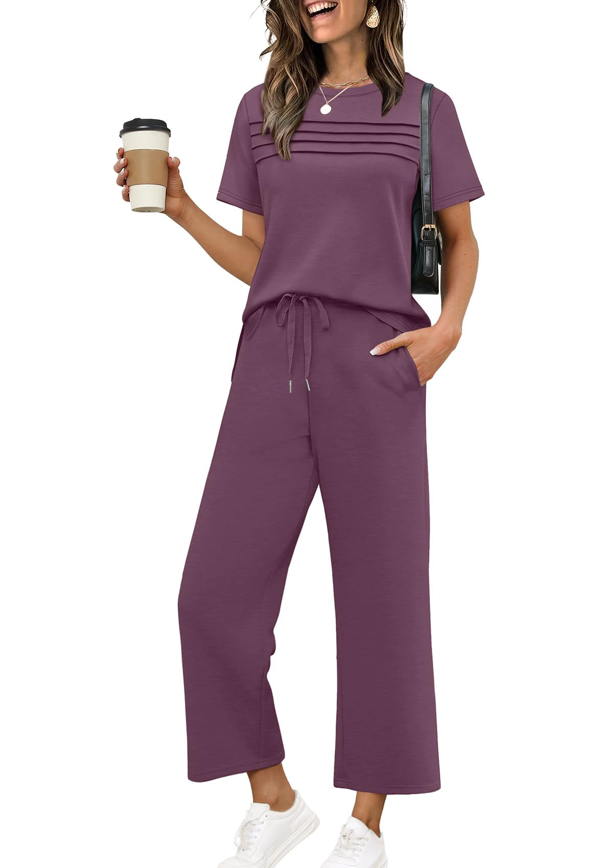 Two Piece Sets for Women Summer Spring Travel Vacation Outfits Short Sleeve Lounge Sets Side Slit Wide Leg Pants S-3XL