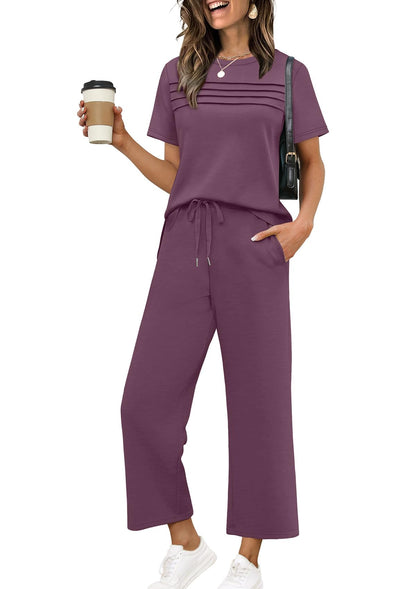 Two Piece Sets for Women Summer Spring Travel Vacation Outfits Short Sleeve Lounge Sets Side Slit Wide Leg Pants S-3XL
