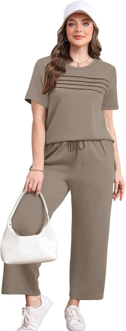 Two Piece Sets for Women Summer Spring Travel Vacation Outfits Short Sleeve Lounge Sets Side Slit Wide Leg Pants S-3XL