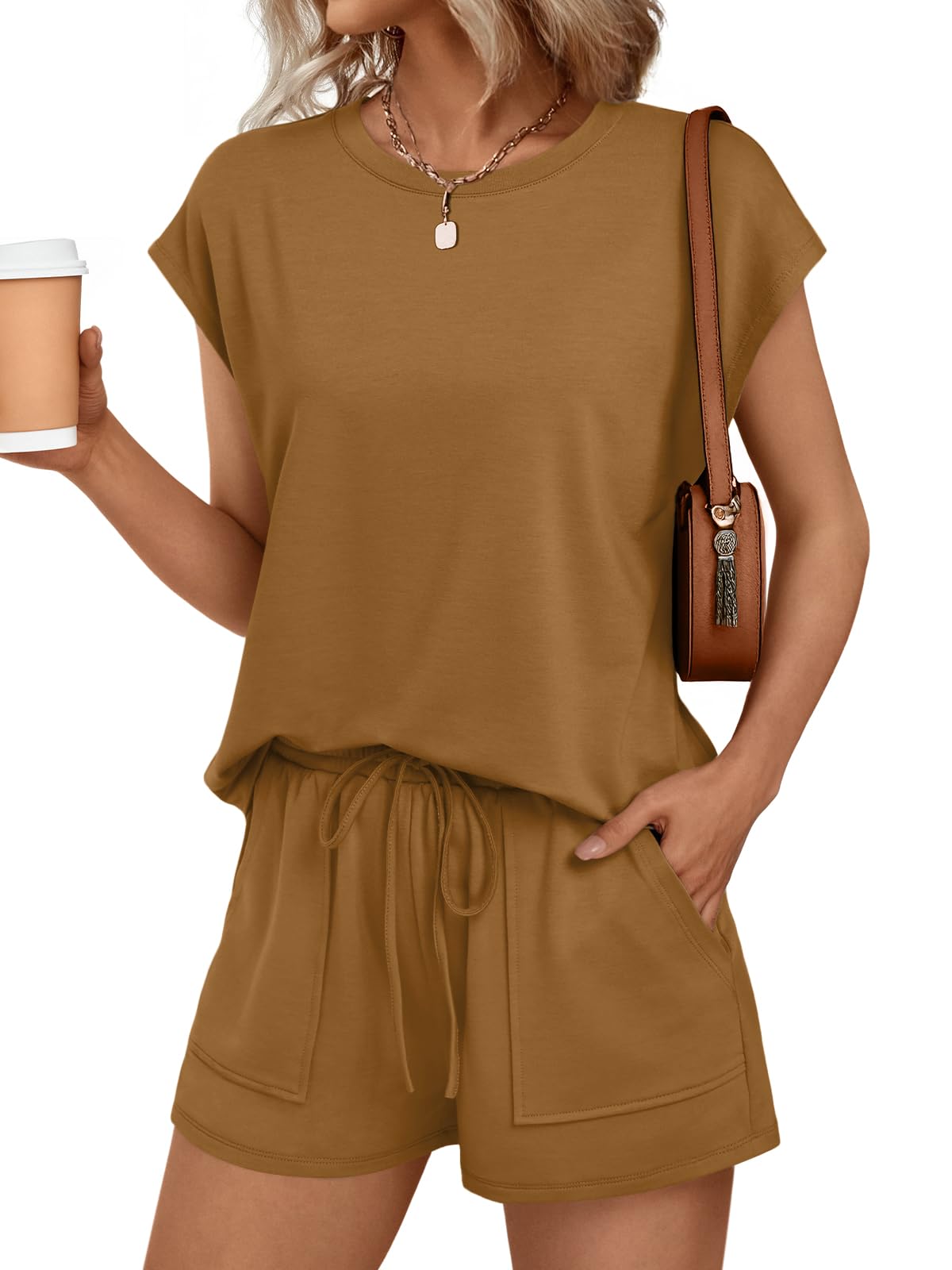 Womens Crew Neck Two Piece Short Sets Cap Sleeve Drawstring Summer Sweatsuit with Pocket