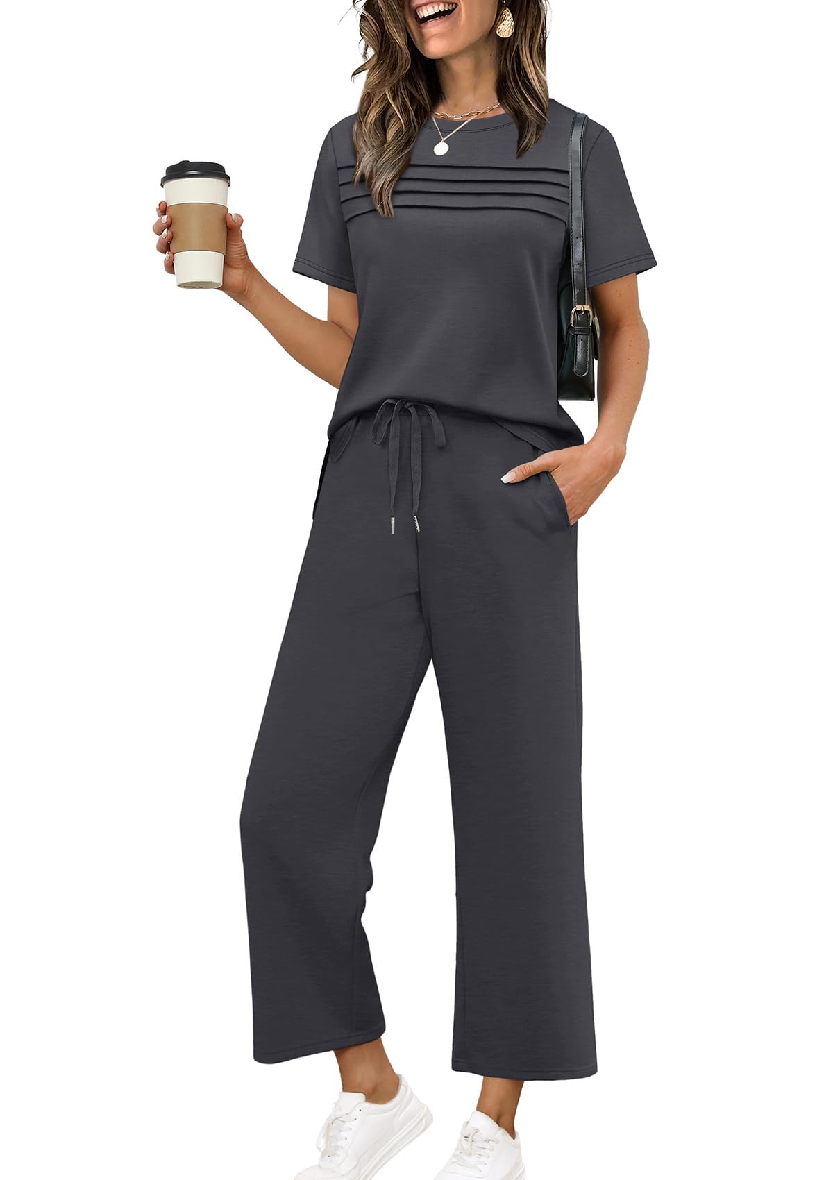 Two Piece Sets for Women Summer Spring Travel Vacation Outfits Short Sleeve Lounge Sets Side Slit Wide Leg Pants S-3XL