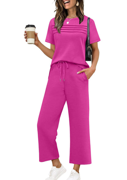 Two Piece Sets for Women Summer Spring Travel Vacation Outfits Short Sleeve Lounge Sets Side Slit Wide Leg Pants S-3XL