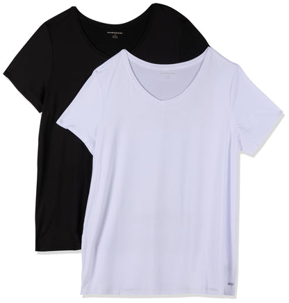 Amazon Essentials Women's Active Quick Dry Tech Stretch Short-Sleeve V-Neck T-Shirt (Available in Plus Size), Pack of 2