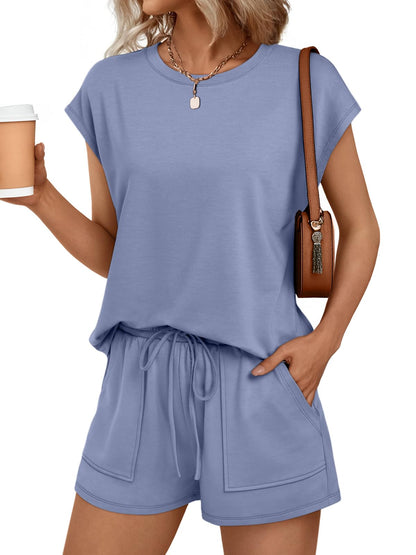 Womens Crew Neck Two Piece Short Sets Cap Sleeve Drawstring Summer Sweatsuit with Pocket