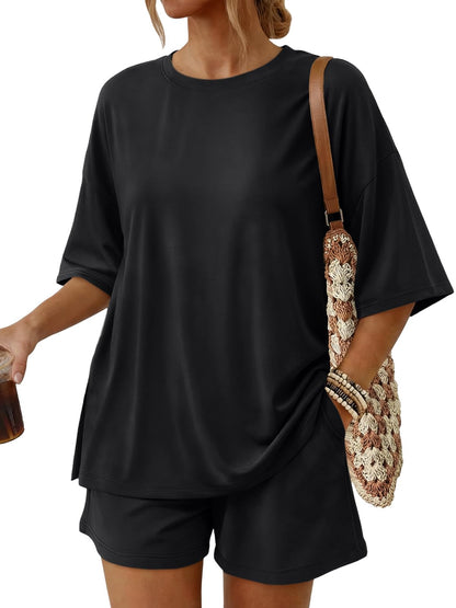 2 Piece Summer Set Oversized Top & Loose Fit Shorts with Pockets