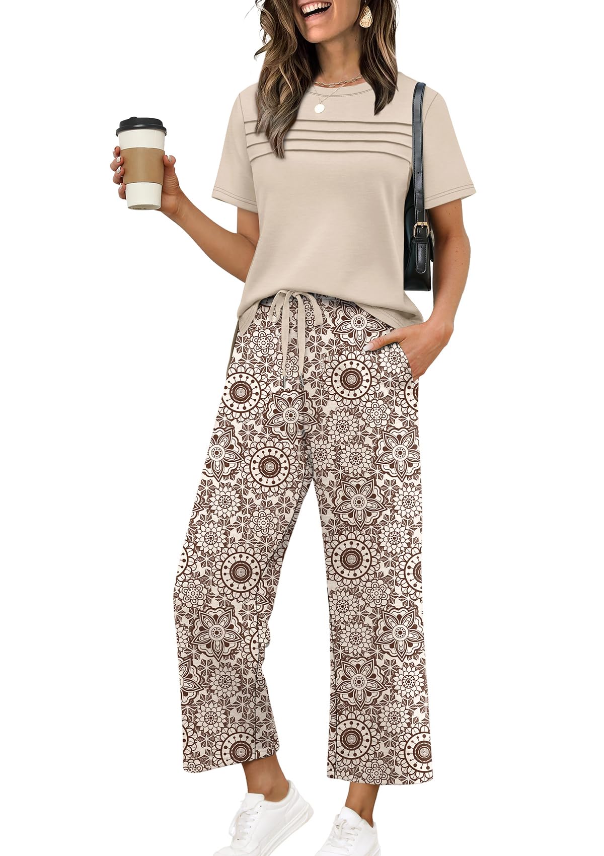Two Piece Sets for Women Summer Spring Travel Vacation Outfits Short Sleeve Lounge Sets Side Slit Wide Leg Pants S-3XL