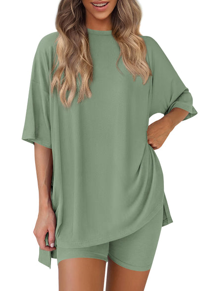 Women 2 Piece Lounge Set 2026 Summer Casual Oversized Shirts Biker Shorts Matching Airport Travel Outfit Clothes