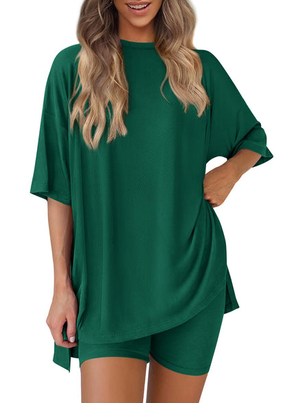 Women 2 Piece Lounge Set 2026 Summer Casual Oversized Shirts Biker Shorts Matching Airport Travel Outfit Clothes