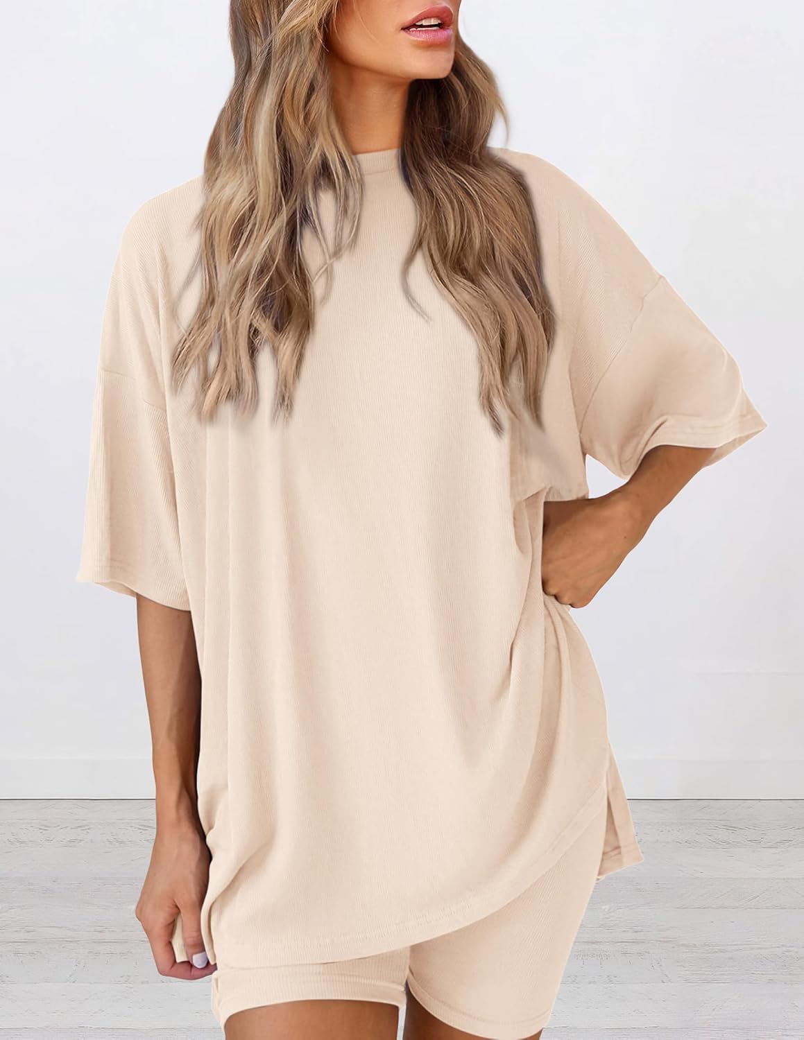 Women 2 Piece Lounge Set 2026 Summer Casual Oversized Shirts Biker Shorts Matching Airport Travel Outfit Clothes