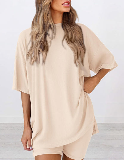 Women 2 Piece Lounge Set 2026 Summer Casual Oversized Shirts Biker Shorts Matching Airport Travel Outfit Clothes