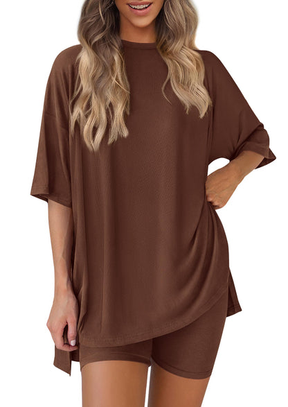 Women 2 Piece Lounge Set 2026 Summer Casual Oversized Shirts Biker Shorts Matching Airport Travel Outfit Clothes