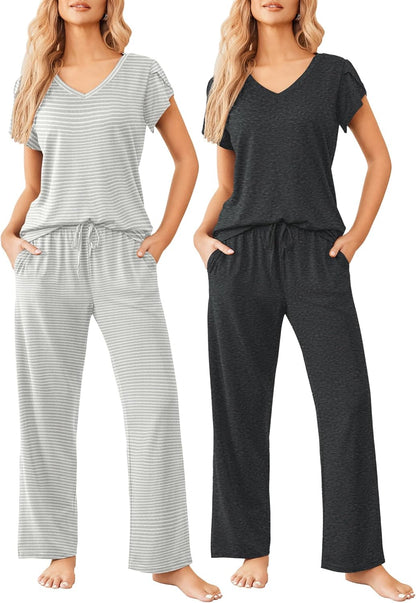 2 Pack Womens Pajamas Short Sleeve Sleepwear Top with Pants Super-Soft Printed Lounge Sets S-XXL