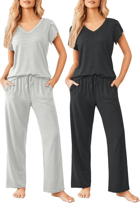 2 Pack Womens Pajamas Short Sleeve Sleepwear Top with Pants Super-Soft Printed Lounge Sets S-XXL