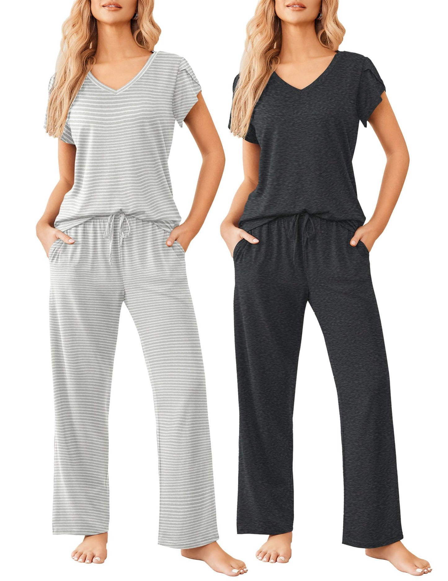 2 Pack Womens Pajamas Short Sleeve Sleepwear Top with Pants Super-Soft Printed Lounge Sets S-XXL