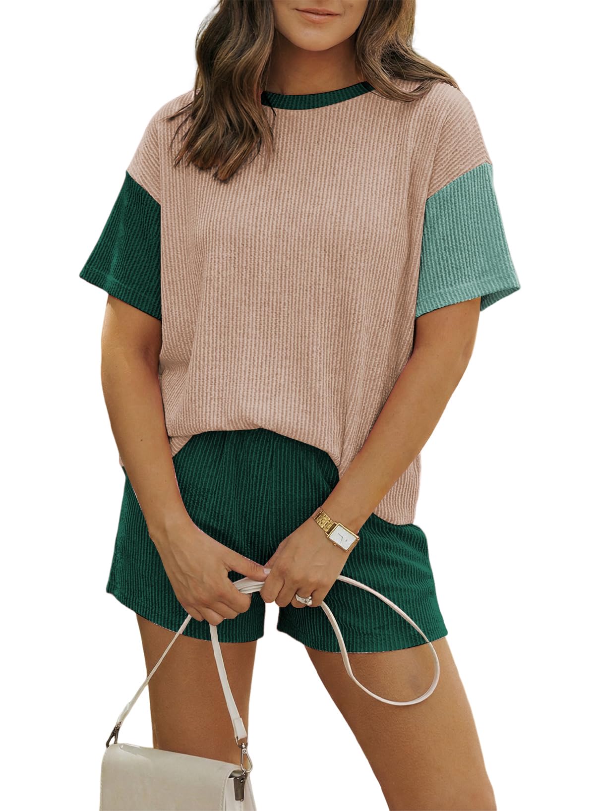 Women 2 Piece Shorts Set 2026 Casual Summer Cruise Outfits Ribbed Loose Short Sleeve Pocket Matching Lounge Sets