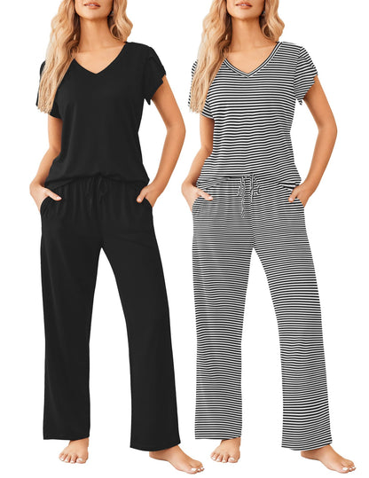 2 Pack Womens Pajamas Short Sleeve Sleepwear Top with Pants Super-Soft Printed Lounge Sets S-XXL