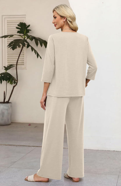 Two Piece Sets for Women 3/4 Length Sleeve Lounge Sets Summer Spring Vacation Travel Outfits Fashion Clothing