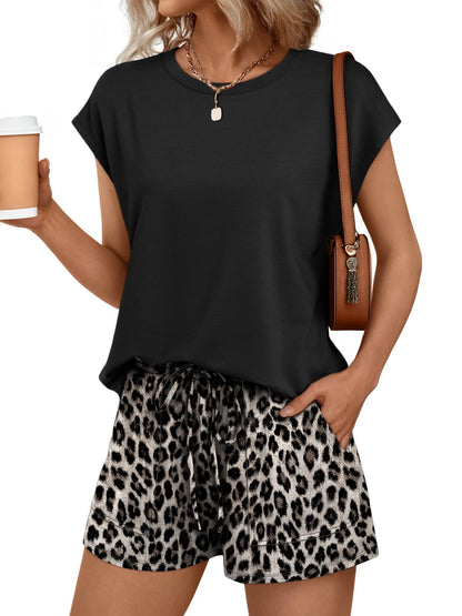 Womens Crew Neck Two Piece Short Sets Cap Sleeve Drawstring Summer Sweatsuit with Pocket