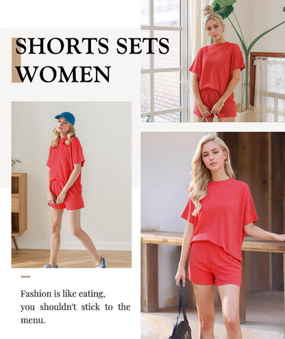Women 2 Piece Shorts Set 2026 Casual Summer Cruise Outfits Ribbed Loose Short Sleeve Pocket Matching Lounge Sets